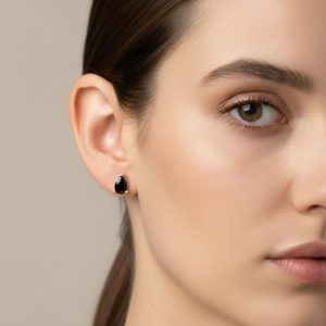Teardrop Black Gemstone Silver Stud Earrings for Women